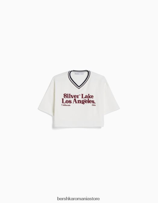 Bershka femei hanorac cu mânecă scurtă cu decolteu în V și imprimeu cremă Z86D587 îmbrăcăminte