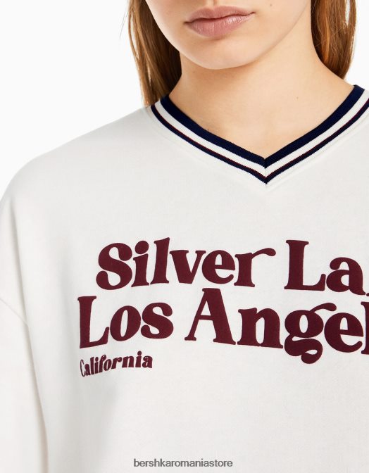 Bershka femei hanorac cu mânecă scurtă cu decolteu în V și imprimeu cremă Z86D587 îmbrăcăminte