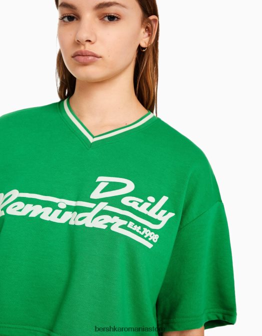 Bershka femei hanorac cu mânecă scurtă cu decolteu în V și imprimeu verde Z86D586 îmbrăcăminte