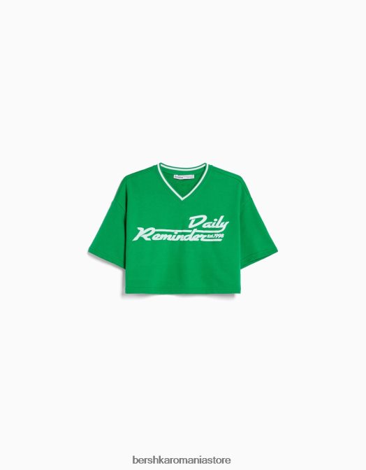 Bershka femei hanorac cu mânecă scurtă cu decolteu în V și imprimeu verde Z86D586 îmbrăcăminte