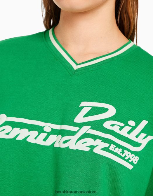 Bershka femei hanorac cu mânecă scurtă cu decolteu în V și imprimeu verde Z86D586 îmbrăcăminte