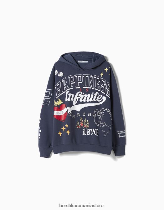 Bershka femei hanorac imprimat albastru inchis Z86D1278 îmbrăcăminte