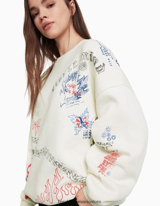 Bershka femei hanorac imprimat cu decolteu cremă Z86D1226 îmbrăcăminte