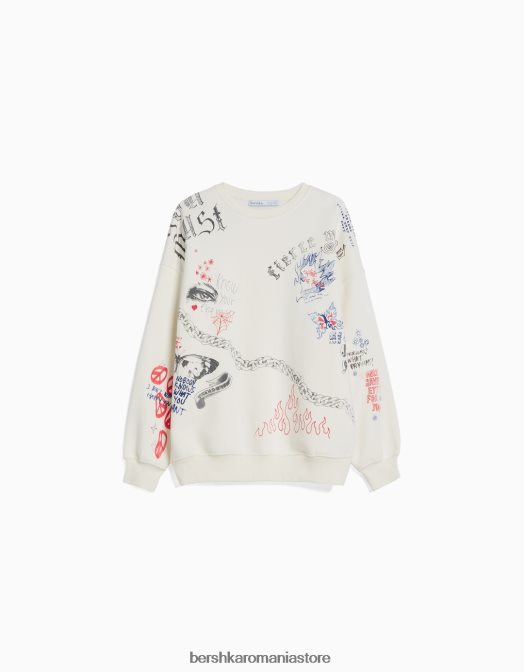 Bershka femei hanorac imprimat cu decolteu cremă Z86D1226 îmbrăcăminte