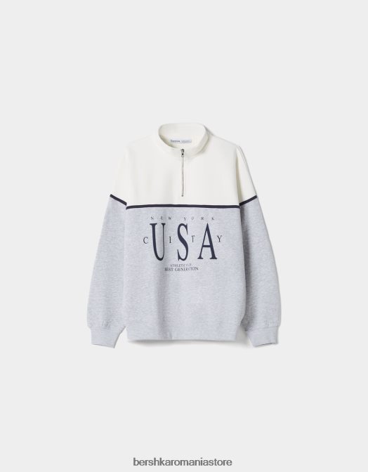 Bershka femei hanorac imprimat cu gât înalt gri Z86D1229 îmbrăcăminte