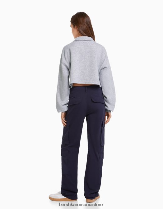 Bershka femei hanorac imprimat cu guler polo gri Z86D1261 îmbrăcăminte