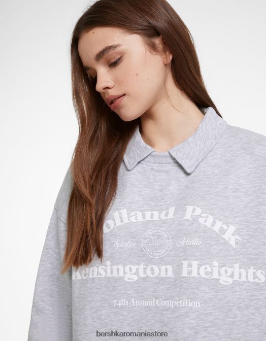 Bershka femei hanorac imprimat cu guler polo gri Z86D1261 îmbrăcăminte