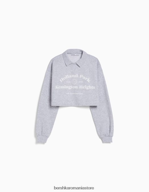 Bershka femei hanorac imprimat cu guler polo gri Z86D1261 îmbrăcăminte