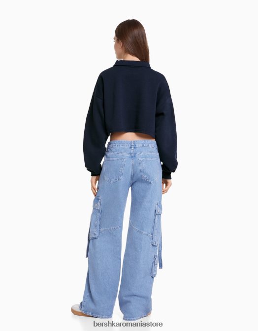 Bershka femei hanorac imprimat cu guler polo marina Z86D1258 îmbrăcăminte