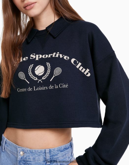 Bershka femei hanorac imprimat cu guler polo marina Z86D1258 îmbrăcăminte