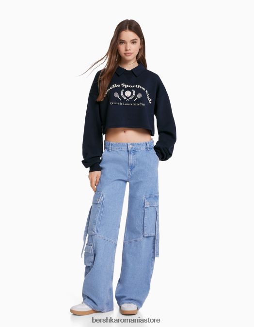 Bershka femei hanorac imprimat cu guler polo marina Z86D1258 îmbrăcăminte