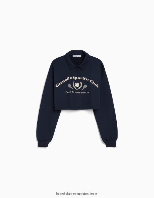 Bershka femei hanorac imprimat cu guler polo marina Z86D1258 îmbrăcăminte