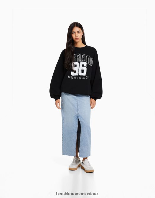 Bershka femei hanorac imprimat cu maneca lunga negru Z86D1236 îmbrăcăminte
