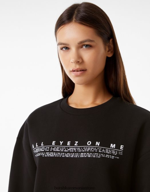 Bershka femei hanorac tupac cu gât crew negru Z86D2075 îmbrăcăminte