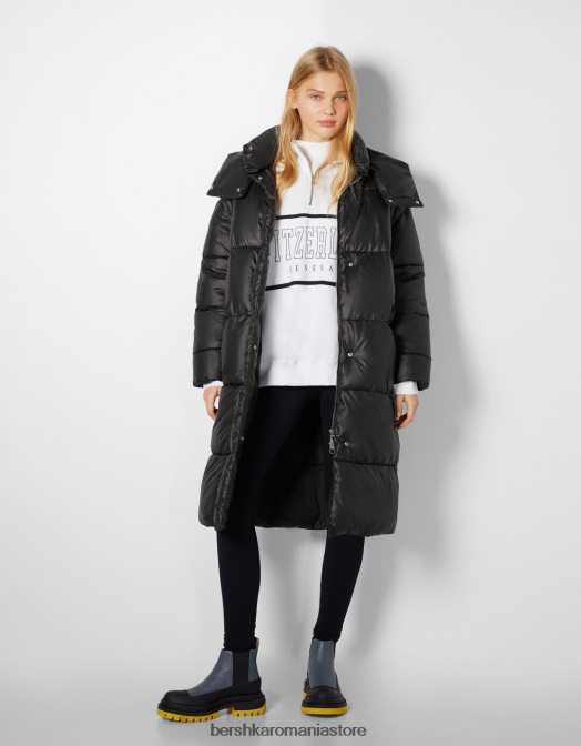 Bershka femei puf lung cu glugă negru Z86D1150 îmbrăcăminte