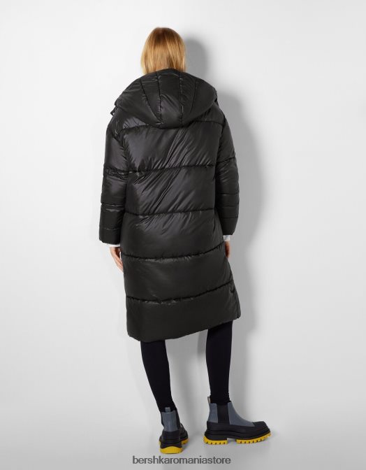 Bershka femei puf lung cu glugă negru Z86D1150 îmbrăcăminte
