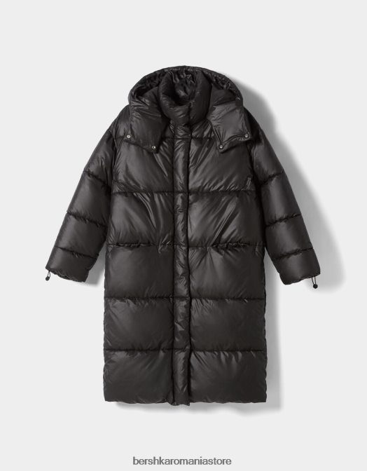 Bershka femei puf lung cu glugă negru Z86D1150 îmbrăcăminte