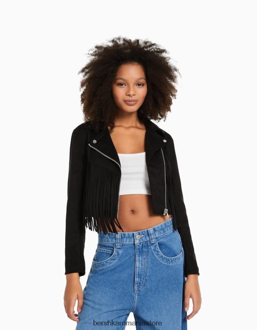 Bershka femei geacă de motociclist din piele de căprioară artificială cu franjuri negru Z86D1118 îmbrăcăminte