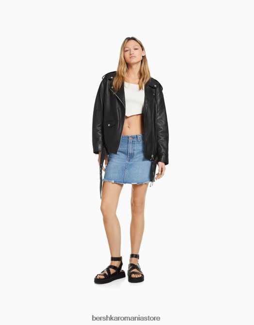 Bershka femei geacă lungă de motociclist din piele cu finisaj învechit gri Z86D1137 îmbrăcăminte