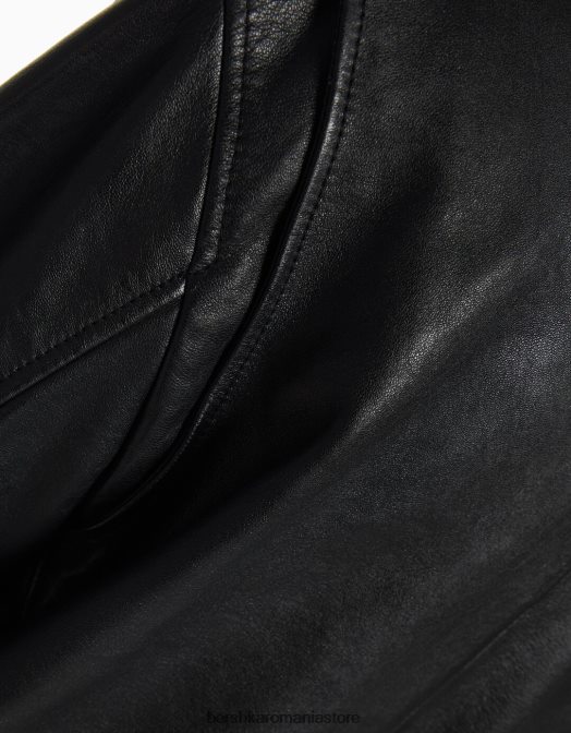 Bershka femei geacă lungă de motociclist din piele cu finisaj învechit gri Z86D1137 îmbrăcăminte