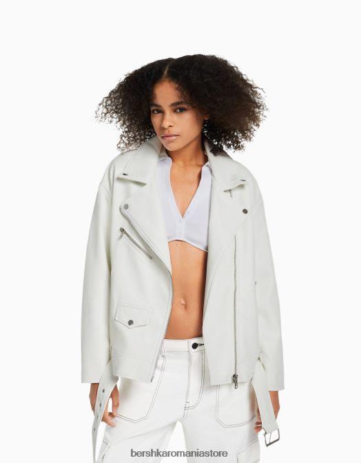 Bershka femei geacă motociclist din imitație de piele cu curea aproape alb Z86D1132 îmbrăcăminte