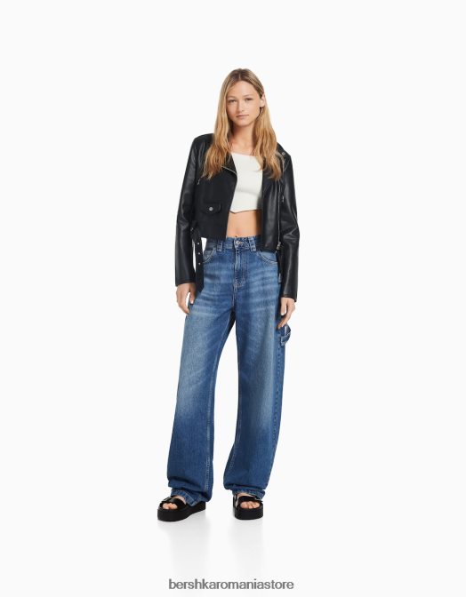 Bershka femei geacă motociclist din imitație de piele cu curea negru Z86D1095 îmbrăcăminte