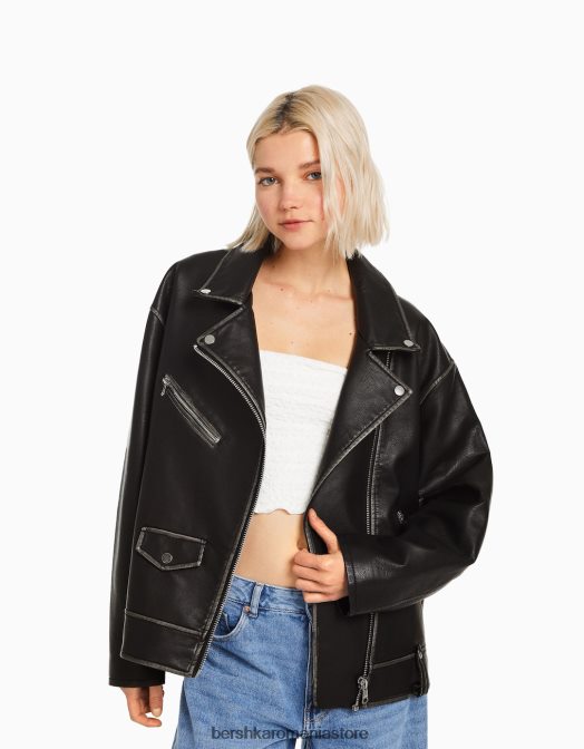 Bershka femei geacă motociclist din imitație de piele cu curea negru Z86D1131 îmbrăcăminte