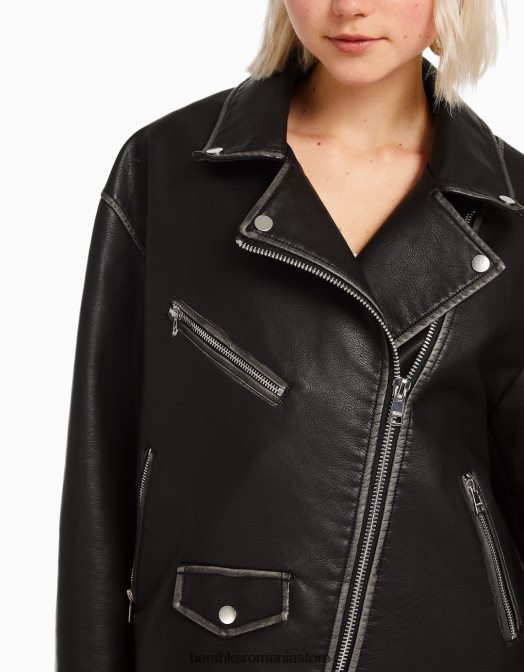 Bershka femei geacă motociclist din imitație de piele cu curea negru Z86D1131 îmbrăcăminte