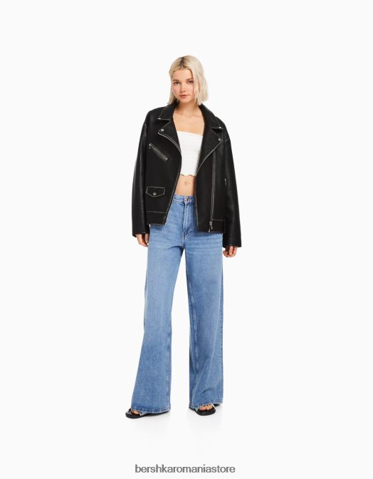 Bershka femei geacă motociclist din imitație de piele cu curea negru Z86D1131 îmbrăcăminte