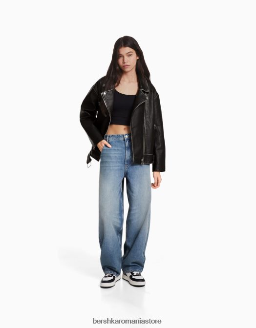 Bershka femei geacă motociclist din imitație de piele cu curea negru Z86D1133 îmbrăcăminte