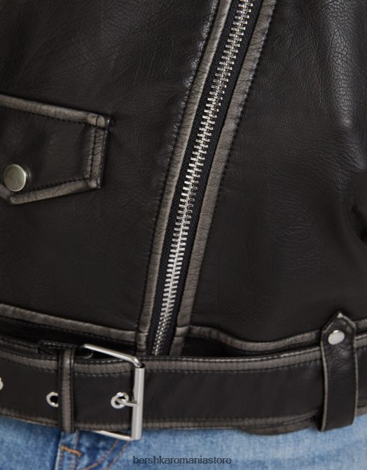 Bershka femei geacă motociclist din imitație de piele cu curea negru Z86D1133 îmbrăcăminte