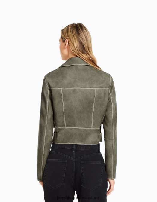 Bershka femei geacă motociclist din imitație de piele decolorată cu centură gri inchis Z86D1096 îmbrăcăminte