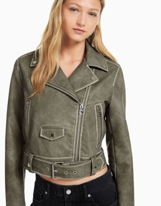 Bershka femei geacă motociclist din imitație de piele decolorată cu centură gri inchis Z86D1096 îmbrăcăminte