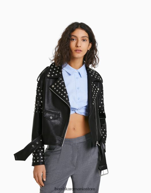Bershka femei geacă motociclist oversize din piele artificială cu împânzire negru Z86D1136 îmbrăcăminte
