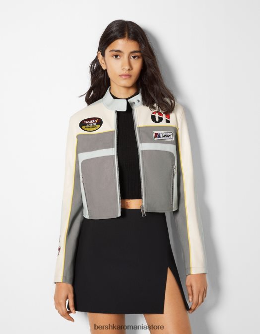 Bershka femei geaca de curse din imitatie de piele gri Z86D1100 îmbrăcăminte