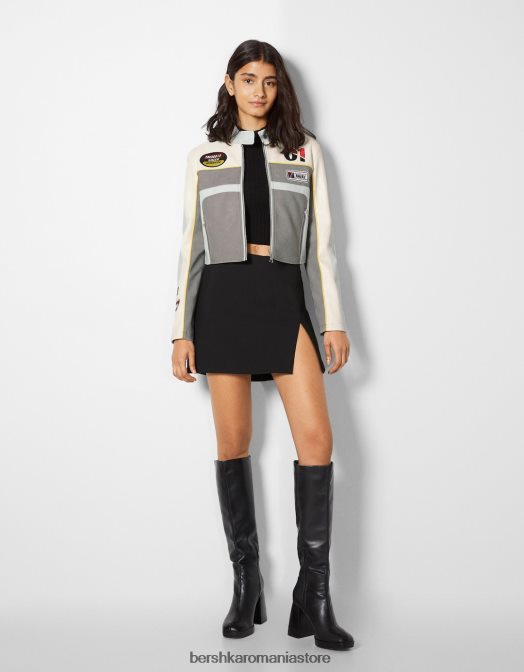 Bershka femei geaca de curse din imitatie de piele gri Z86D1100 îmbrăcăminte