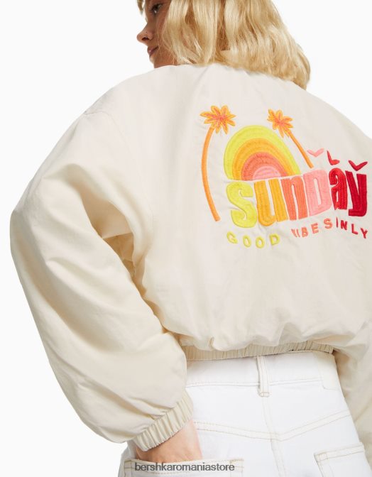 Bershka femei geaca din nailon brodata cremă Z86D1158 îmbrăcăminte