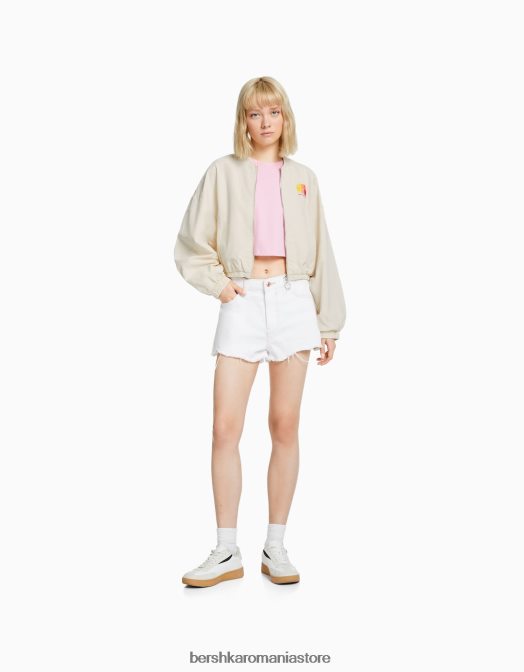 Bershka femei geaca din nailon brodata cremă Z86D1158 îmbrăcăminte