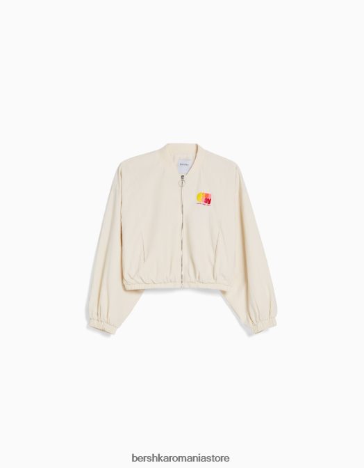 Bershka femei geaca din nailon brodata cremă Z86D1158 îmbrăcăminte