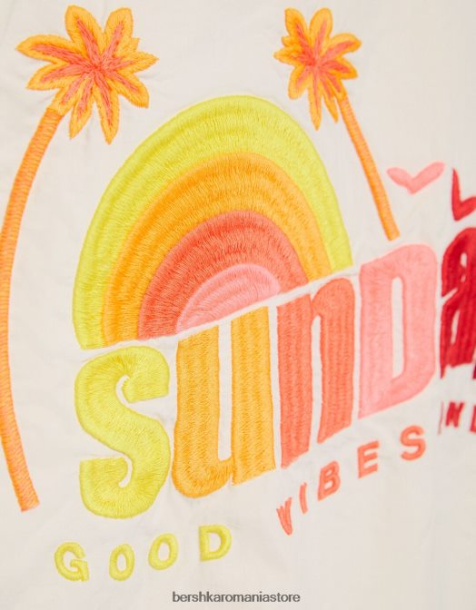 Bershka femei geaca din nailon brodata cremă Z86D1158 îmbrăcăminte