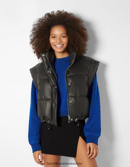 Bershka femei gilet decupat din imitație de piele negru Z86D1176 îmbrăcăminte