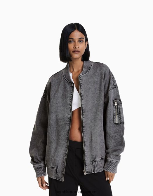 Bershka femei jachetă bomber din bumbac gri inchis Z86D1175 îmbrăcăminte