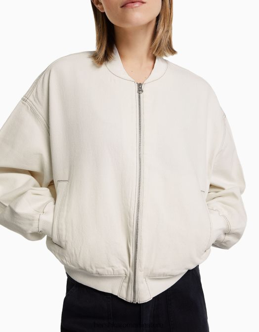 Bershka femei jachetă bomber din denim cu fir contrastant aproape alb Z86D1169 îmbrăcăminte