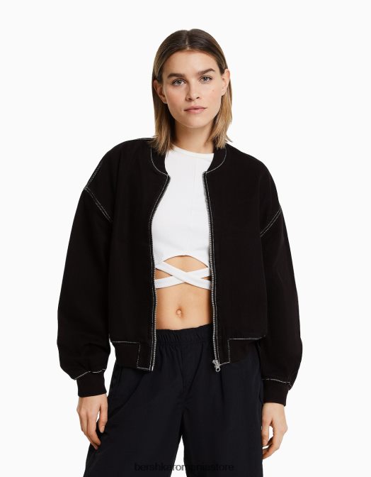 Bershka femei jachetă bomber din denim cu fir contrastant negru Z86D1170 îmbrăcăminte