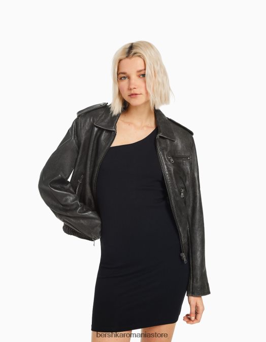 Bershka femei jachetă bomber din piele învechită gri Z86D1097 îmbrăcăminte