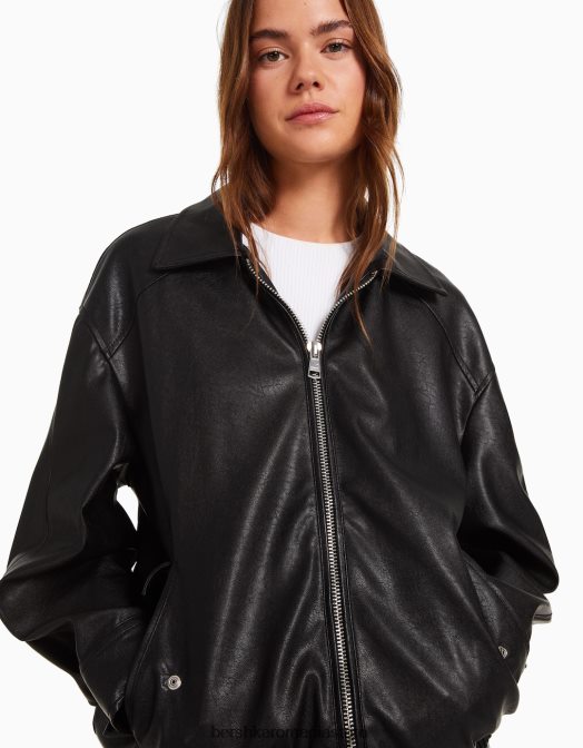 Bershka femei jachetă dad fit din piele artificială negru Z86D1098 îmbrăcăminte