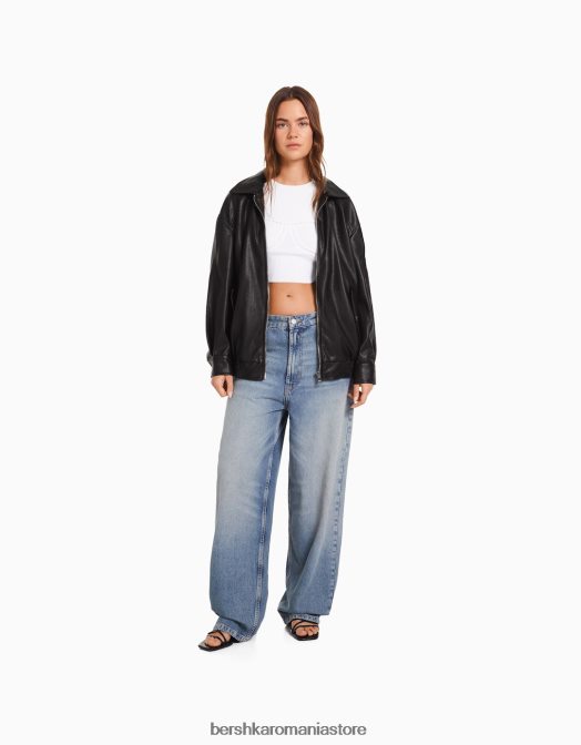 Bershka femei jachetă dad fit din piele artificială negru Z86D1098 îmbrăcăminte