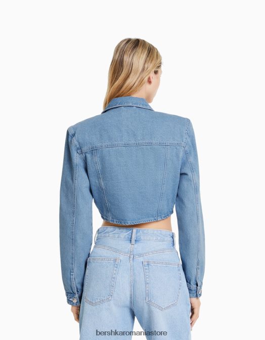 Bershka femei jachetă de denim decupată cu umeri căptușiți albastru deschis Z86D1101 îmbrăcăminte