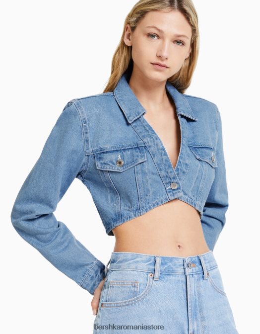 Bershka femei jachetă de denim decupată cu umeri căptușiți albastru deschis Z86D1101 îmbrăcăminte