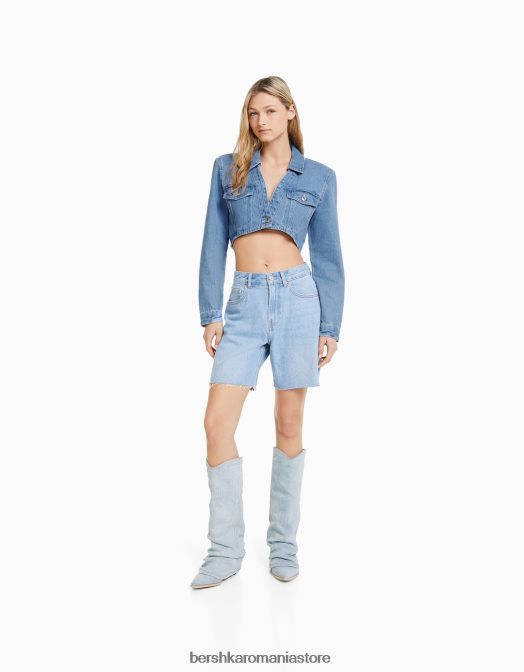 Bershka femei jachetă de denim decupată cu umeri căptușiți albastru deschis Z86D1101 îmbrăcăminte